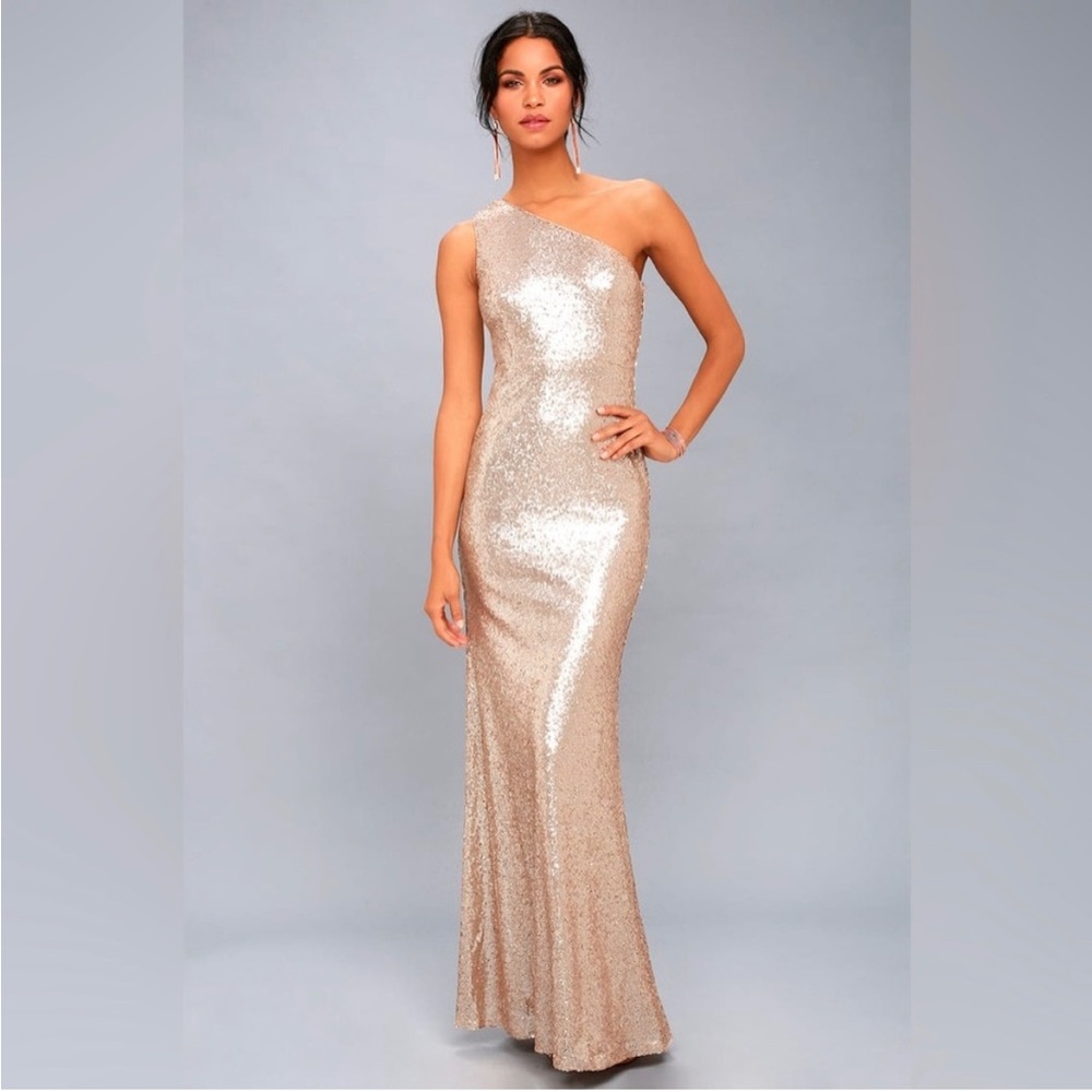 Lulus Timeless Story Matte Rose Gold Sequin One-Shoulder Maxi Dress XS